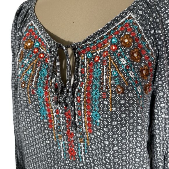 Panhandle Women’s Sz M Embroidered Peasant Blouse Southwest Cowgirl Black White - Picture 2 of 6